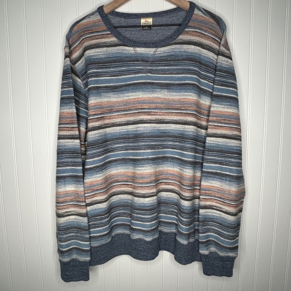Faherty Reversible Pullover Mens XL Blue Coral Striped Cotton Coastal Crewneck